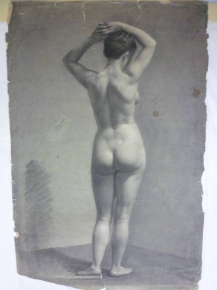 Standing female nude, posterior view