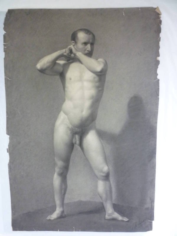 Male nude with pole over shoulder