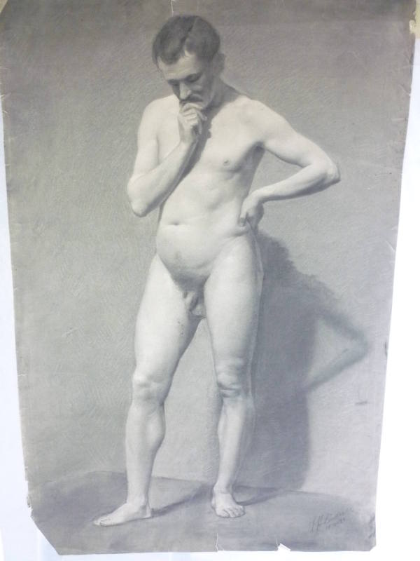 Standing male nude, hand on hip, looking downwards