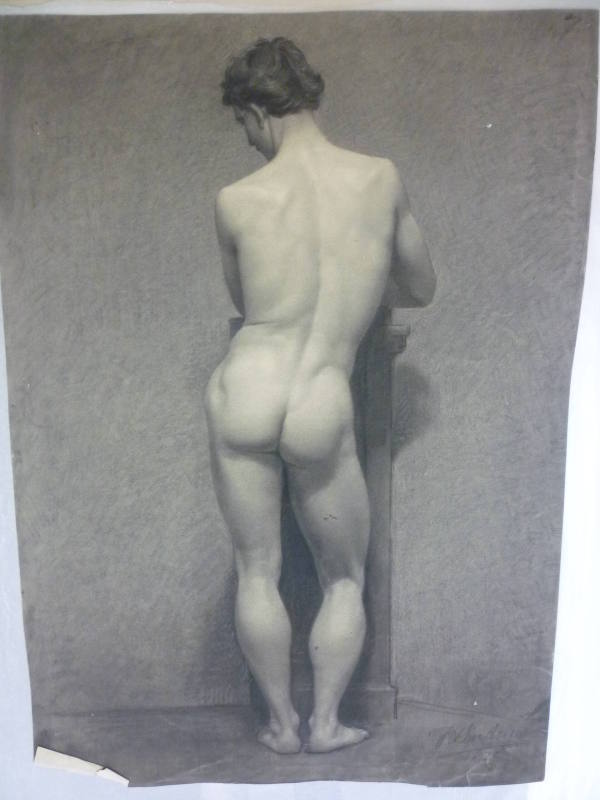 Male nude leaning on lecturn, posterior view