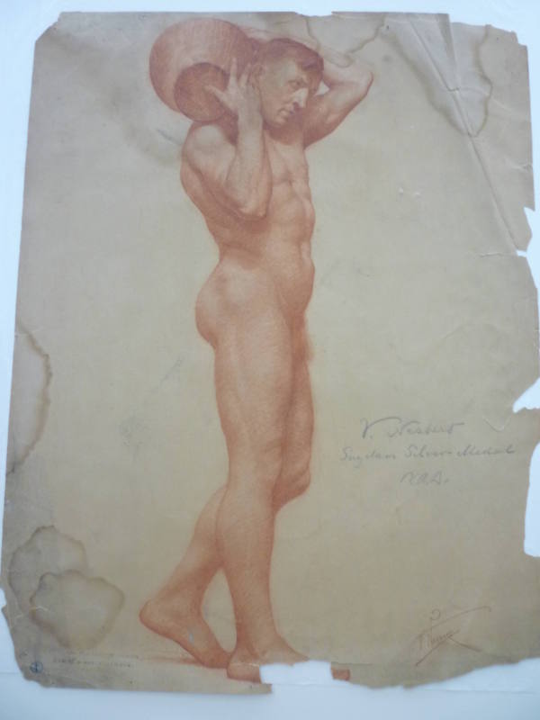 Drawing of male nude clutching a bowl behind his shoulder