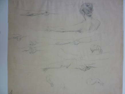 Sketches of hands, arms and female back for "Moods to Music" mural