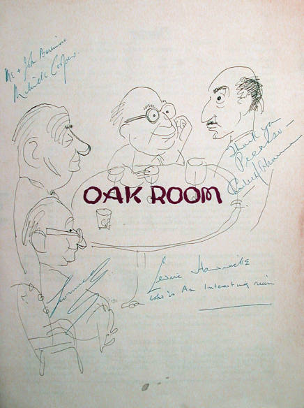 Caricatures drawn on front cover of menu from the Oak Room, Plaza Hotel, New York