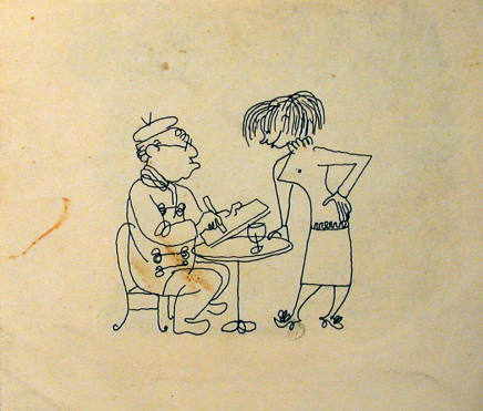Self-Portrait seated at cafe table, sketching young woman