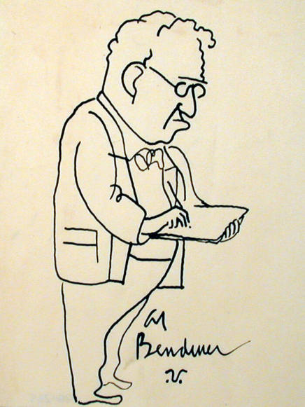 Sketch of artist in profile, standing while drawing on a sketchpad