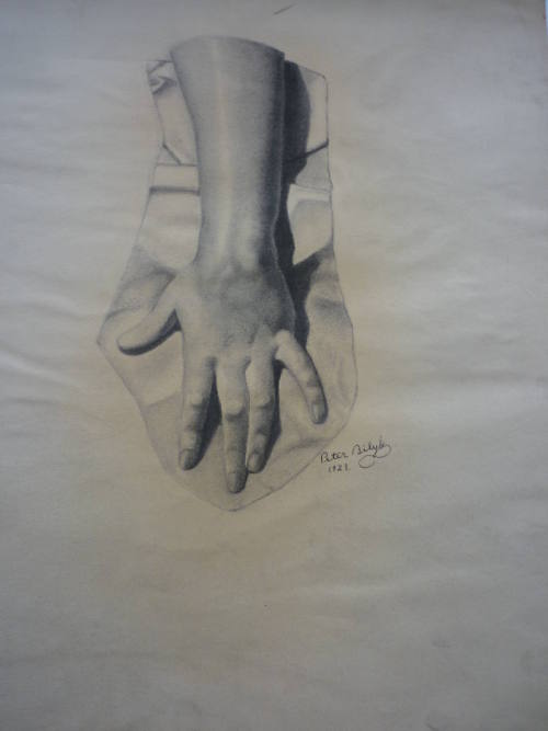 Drawing of sculptured hand and forearm on base