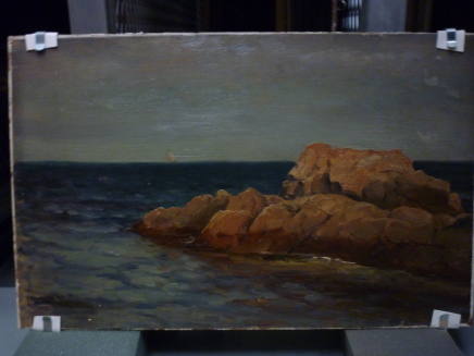Rocks and Sea, with Sailboat on Horizon