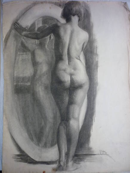 Drawing of Female Nude, Standing Before Full-length Mirror