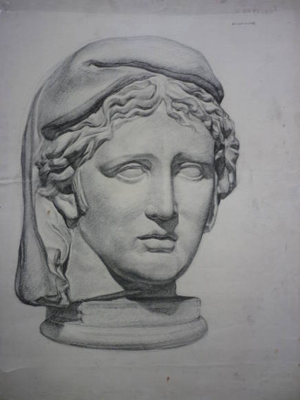 Drawing of Cast of Antique Female Head Draped in Cloth