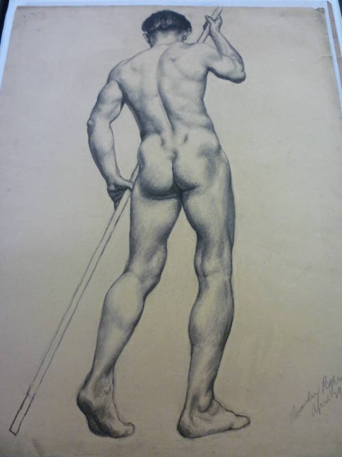 Drawing of standing male nude with rod, rear view