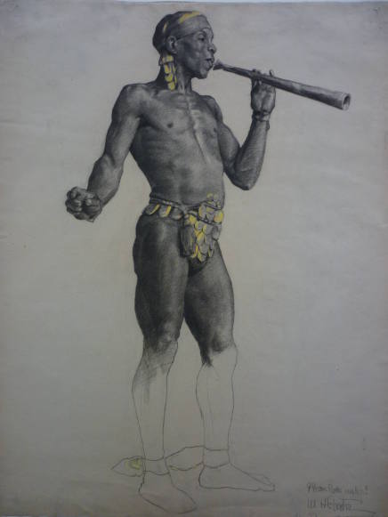 Drawing of a Black Man Dressed in Decorated Belt and Turban Playing Wind Instrument