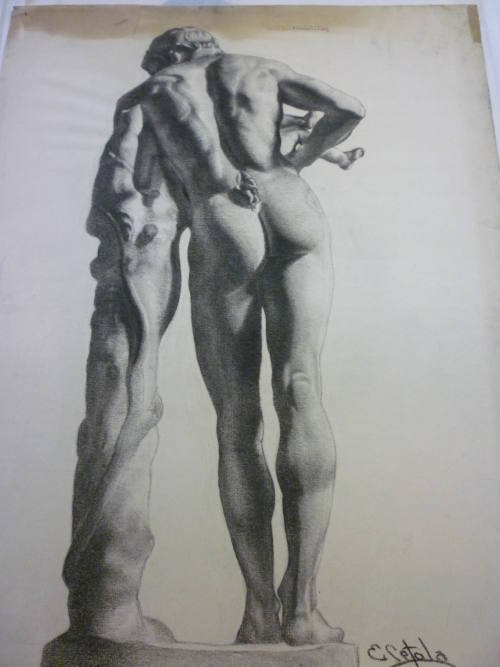 Drawing of Cast of Male Figure with Child, Rear View