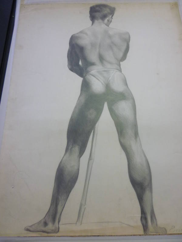 Drawing of Male Nude With Pole Seen From Rear