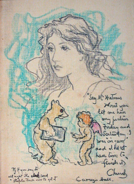Illustrated Manuscript Note, Female Head, Bear and Putto