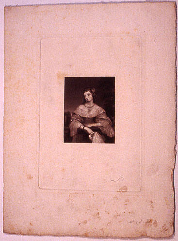 (Female half figure, leaning on rail, holding a kerchief)