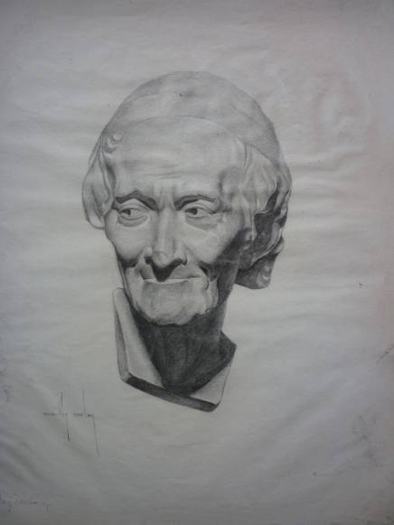 Drawing of sculptured head of elderly female