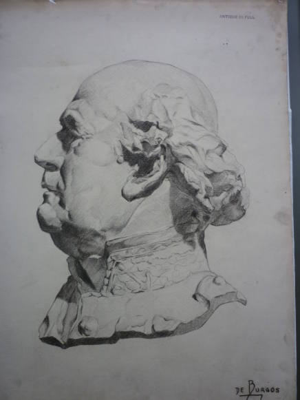 Drawing of sculptured head of elderly man in profile