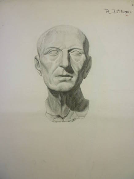 Drawing of cast of male head, front view