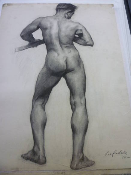 Drawing of standing male nude, viewed from rear holding rod