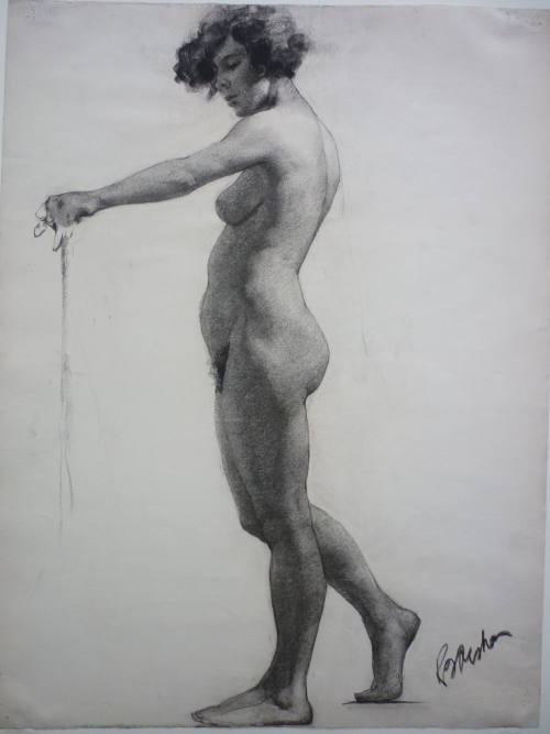 Drawing of standing female nude holding a pole