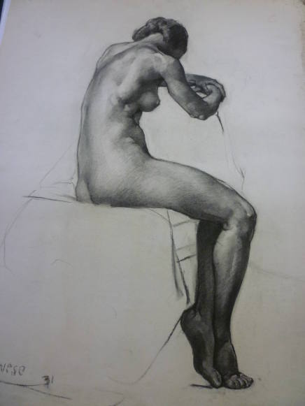 Drawing of seated female nude, rear side view