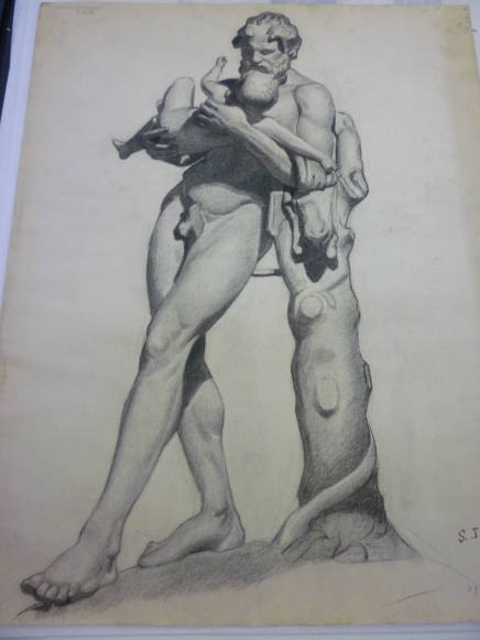Drawing of cast of antique male figure holding small child
