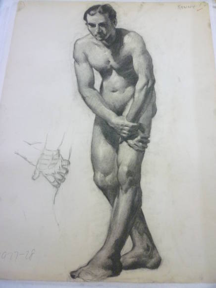 Drawing of a standing male nude with details of hands