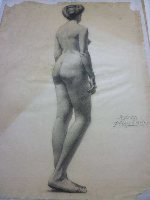 Drawing of female nude standing, rear view