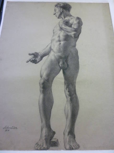 Drawing of standing male nude, point with right hand