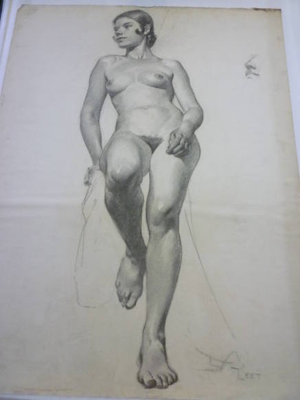 Drawing of seated female nude, front view and sketch of woman's profile