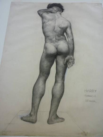 Drawing of standing male nude, rear view
