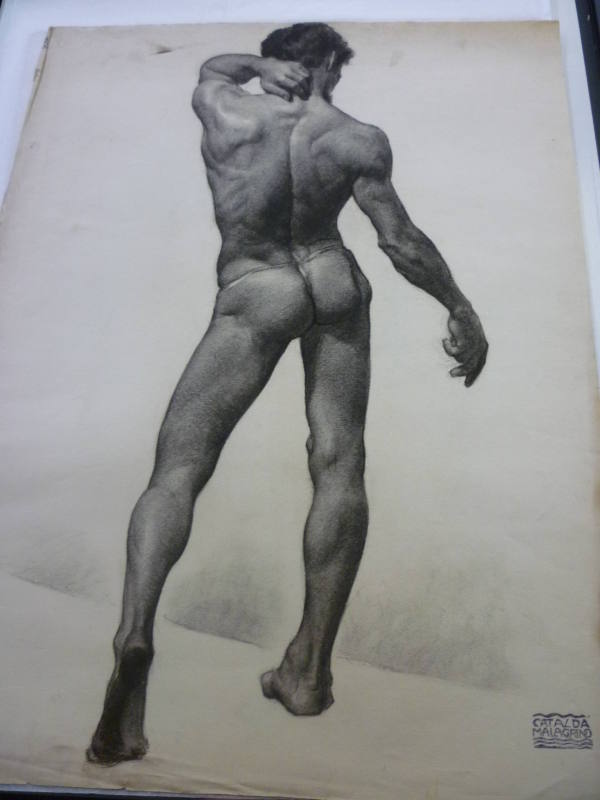 Drawing of standing male nude, rear view