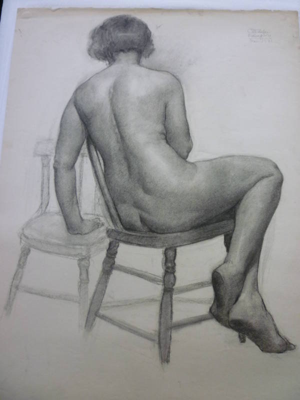 Drawing of seated female nude, rear view