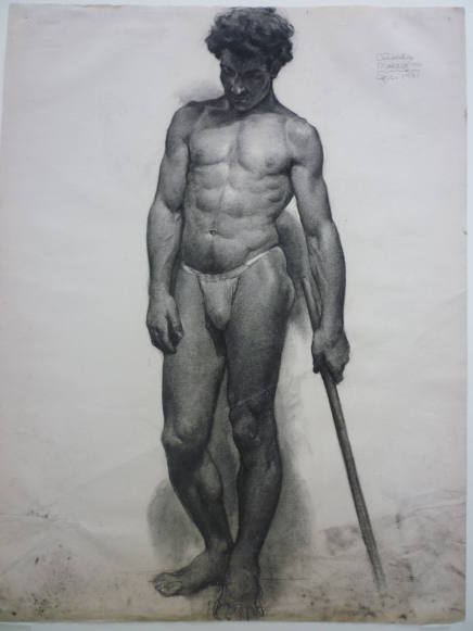 Drawing of young male nude with pole