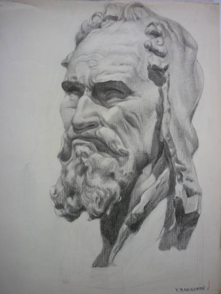 Drawing of cast of head, bearded elderly man