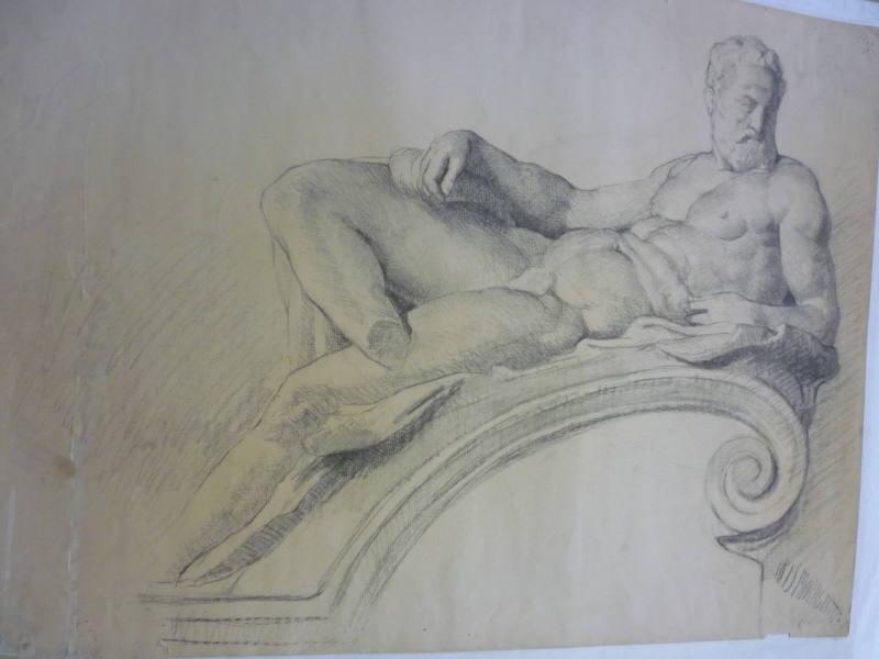 Drawing of reclining male nude and detail of architectural scheme