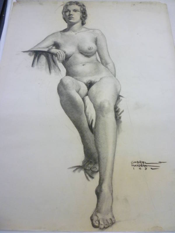 Drawing of seated female nude, front view