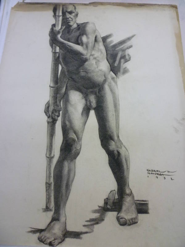 Drawing of standing male nude with pole