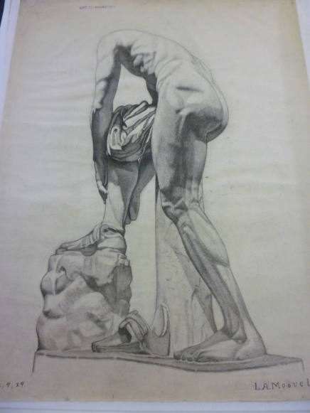 Drawing of cast of male nude seen in profile fastening shoe