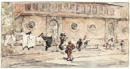 Figures in front of a Spanish building